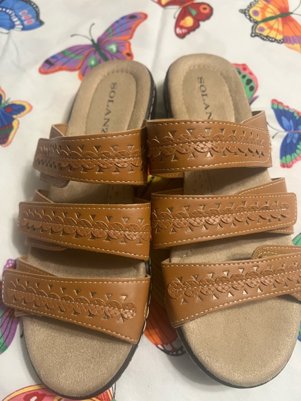 Solandra Women’s Tan Leather Triple-Strap Slide Sandals
